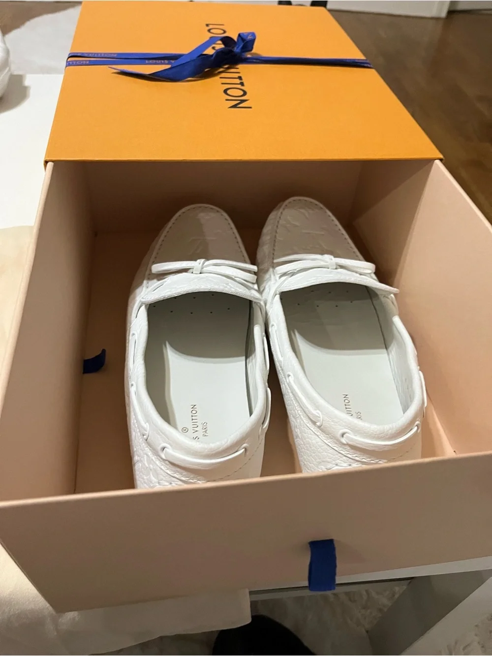 Louis Vuitton White Embossed Monogram Driving Loafers with Bow